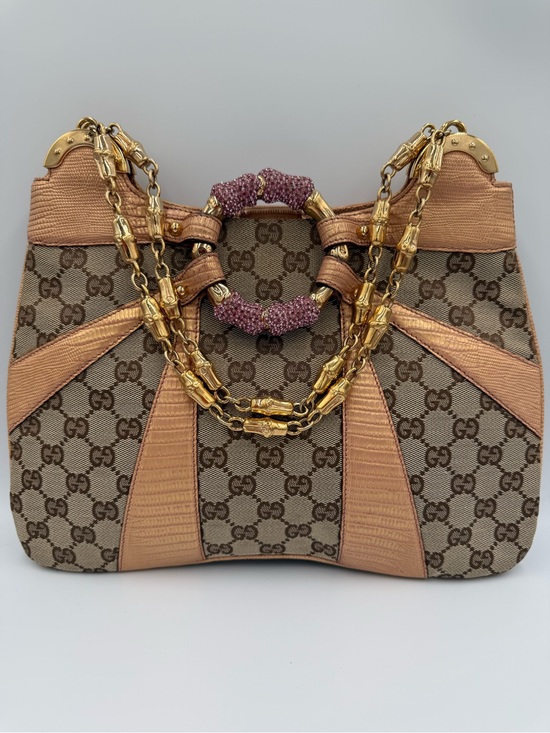 Gucci Handbags - Gucci Tom Ford GG Canvas Shoulder Bag with Lizard Leather Trim and Gold Chains